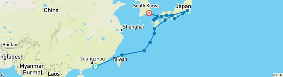 Image of a map showing the route of the tour