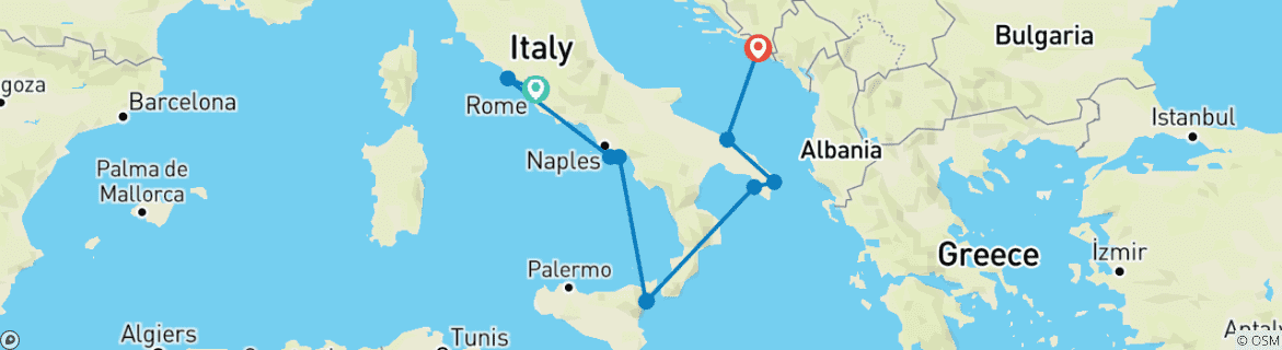 Image of a map showing the route of the tour