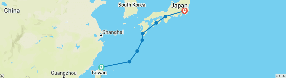 Image of a map showing the route of the tour