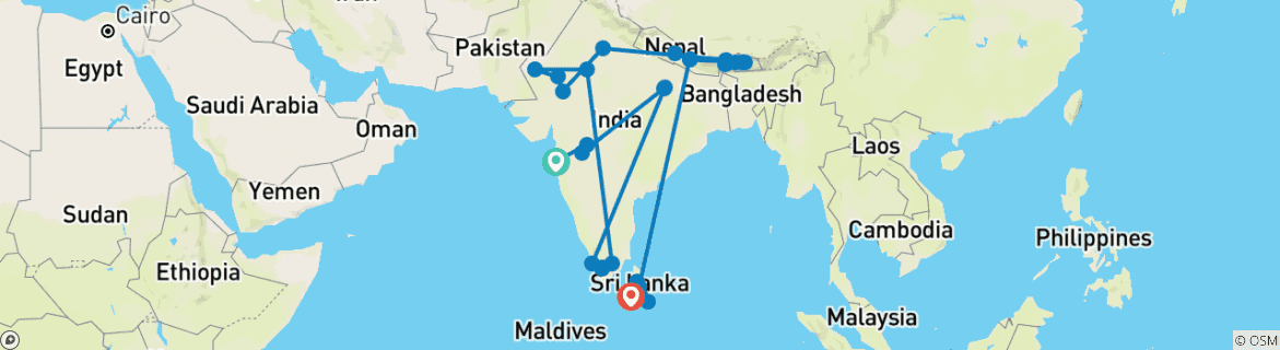 Image of a map showing the route of the tour