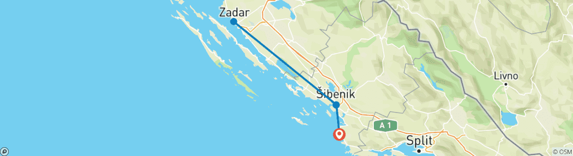 Mapa de De Primosten a Dalmacia del Norte: excursión de 3 días. ¡Los mejores destinos de la costa adriática! ¡Sibenik y Zadar! Lugares de la UNESCO y antiguas ciudades amuralladas. Mucha naturaleza, historia, arquitectura veneciana y vistas impresionantes. …
