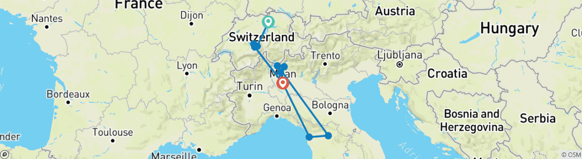Image of a map showing the route of the tour