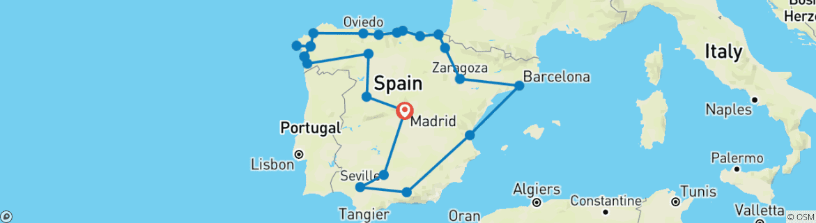 Image of a map showing the route of the tour