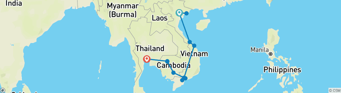 Image of a map showing the route of the tour