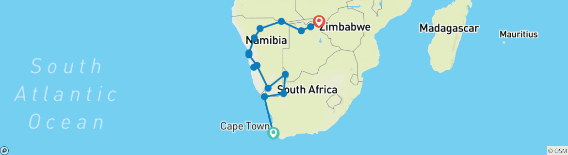 Carte du circuit De Table Mountain aux chutes Victoria 2027 - 21 jours