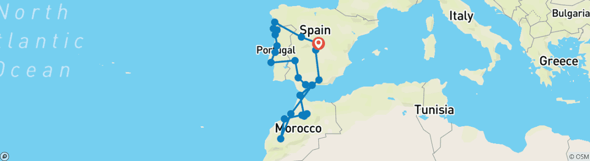 Carte du circuit 21 jours à Madrid, en Espagne, au Portugal et au Maroc