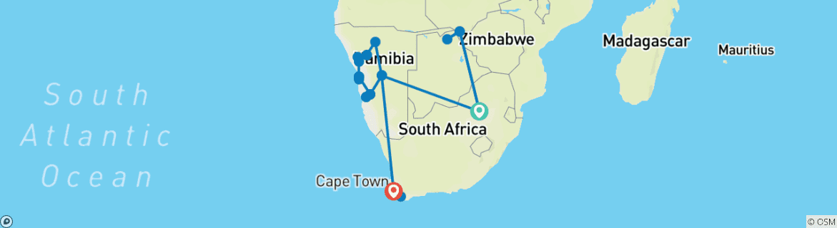 Carte du circuit Namibie : une terre de contrastes avec Johannesburg, les chutes Victoria et Le Cap