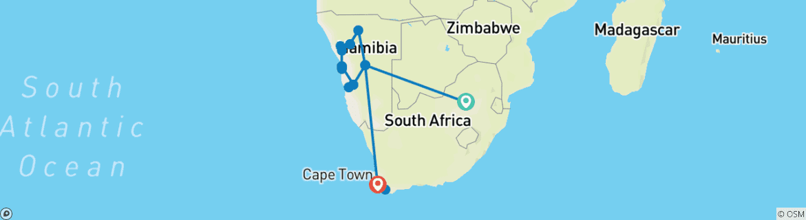 Image of a map showing the route of the tour