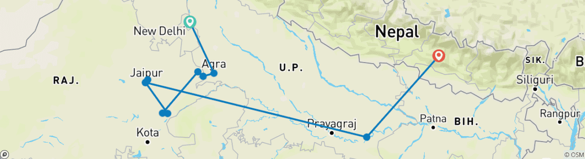 Image of a map showing the route of the tour
