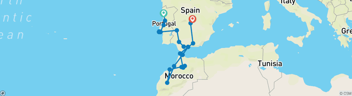 Image of a map showing the route of the tour