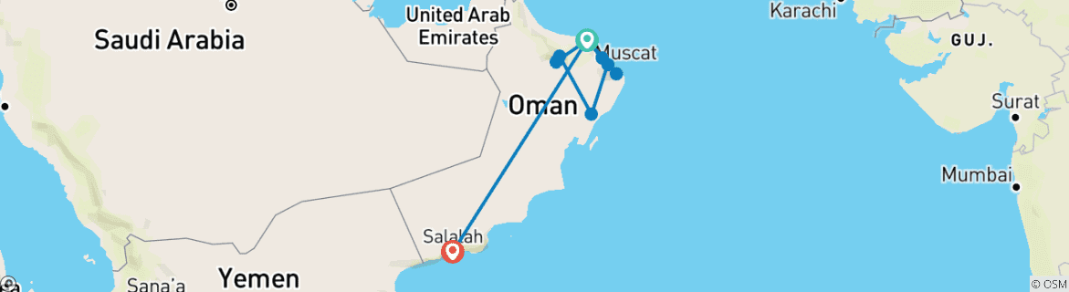Kaart van Reisroute Oman: complete rondreis langs de hoogtepunten van Muscat, Nizwa, Wadi Shab, Wahiba Sands en Salalah – 7 dagen