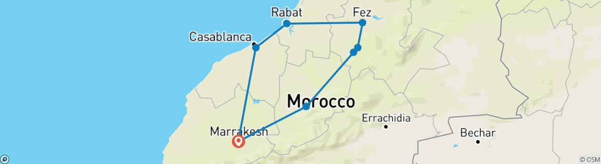 Image of a map showing the route of the tour