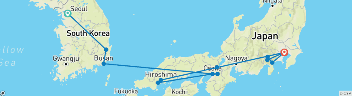 Image of a map showing the route of the tour