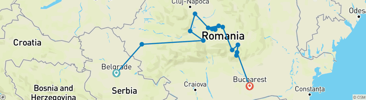 Image of a map showing the route of the tour