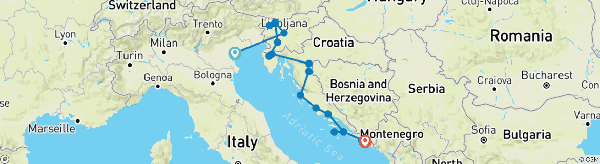 Image of a map showing the route of the tour