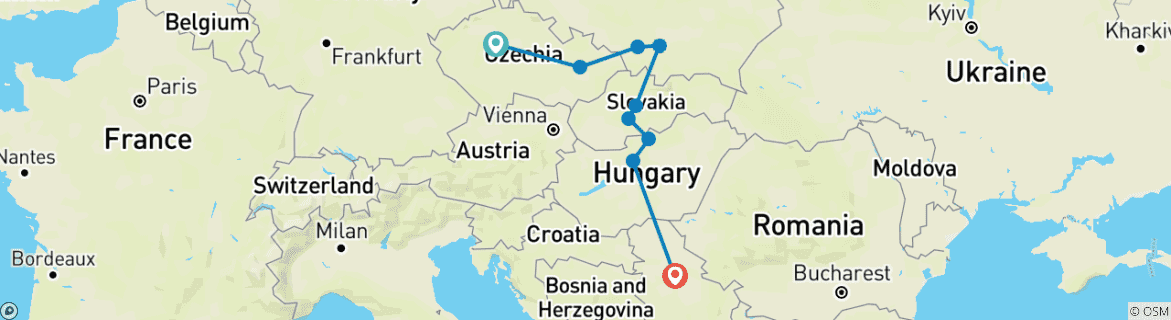 Image of a map showing the route of the tour