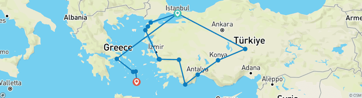 Image of a map showing the route of the tour