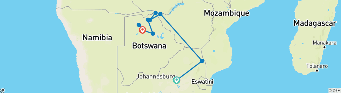 Image of a map showing the route of the tour