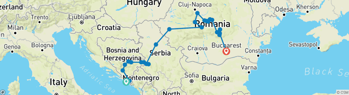 Image of a map showing the route of the tour