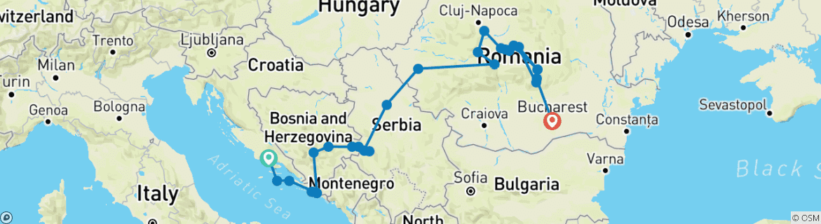 Image of a map showing the route of the tour