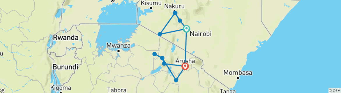 Image of a map showing the route of the tour