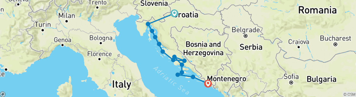 Image of a map showing the route of the tour