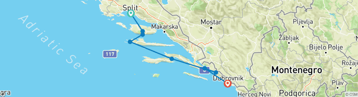 Image of a map showing the route of the tour