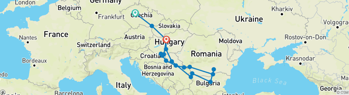 Image of a map showing the route of the tour