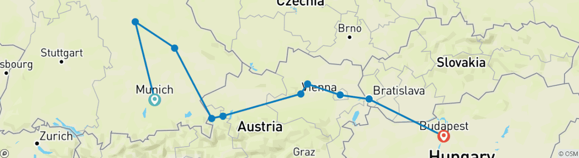 Image of a map showing the route of the tour