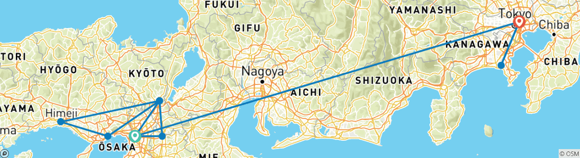Image of a map showing the route of the tour