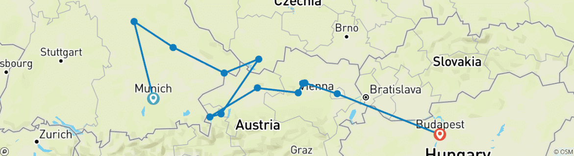 Image of a map showing the route of the tour
