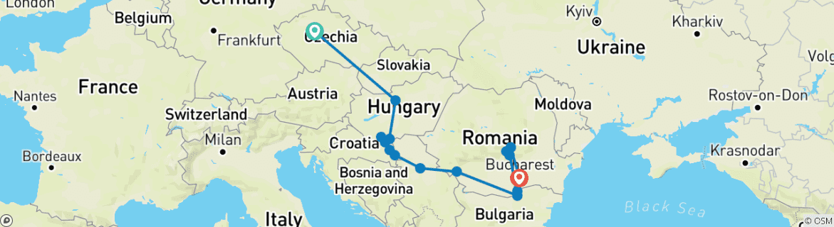 Image of a map showing the route of the tour