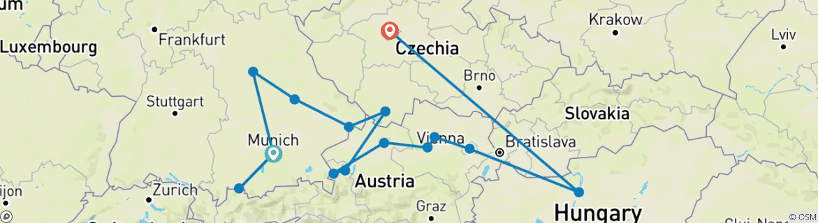 Image of a map showing the route of the tour