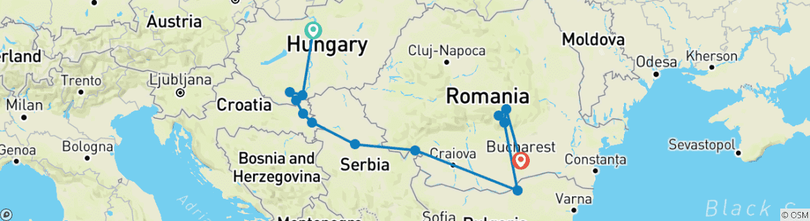 Image of a map showing the route of the tour