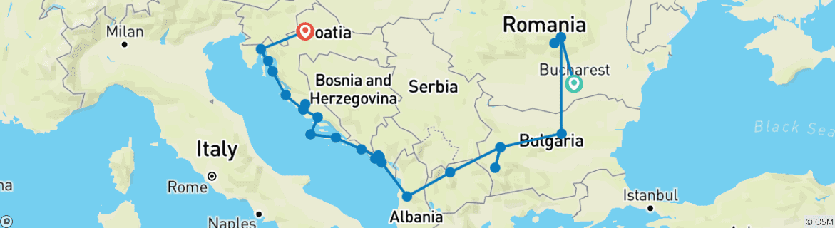 Image of a map showing the route of the tour