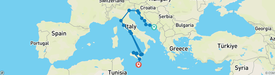 Image of a map showing the route of the tour
