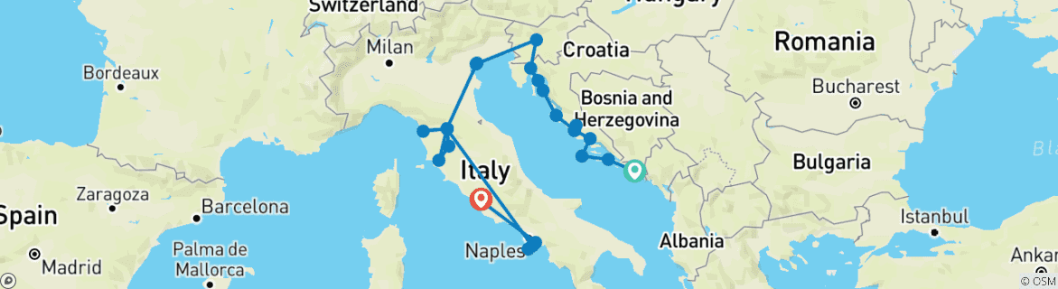 Image of a map showing the route of the tour
