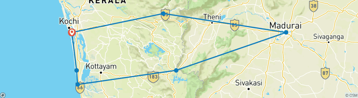 Image of a map showing the route of the tour