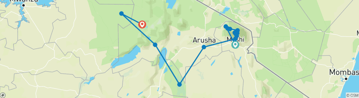 Mapa de Excursión al Kilimanjaro por la ruta Lemosho y safari: aventura en el norte de Tanzania (15 días)