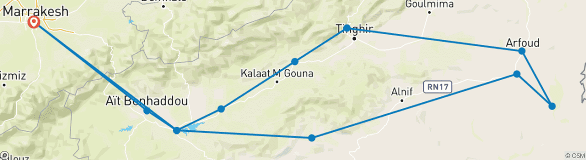 Image of a map showing the route of the tour