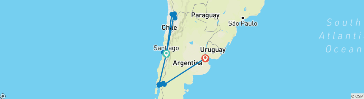 Carte du circuit Le Chili et le nord de la Patagonie en profondeur avec l'Atacama