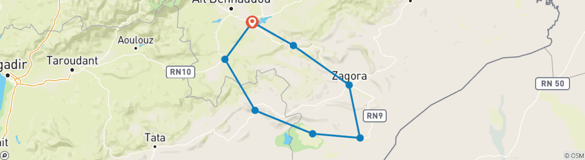 Carte du circuit 7 jours avec les « Turbans bleus »  Découverte des dunes de Chigaga au départ d'Ouarzazate