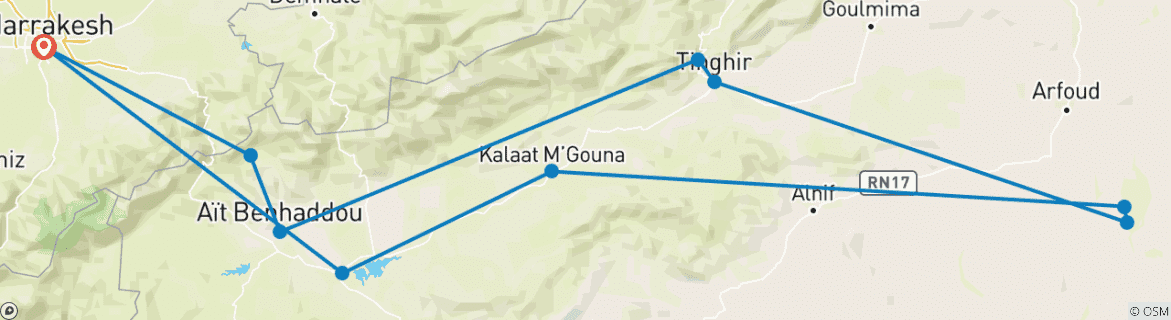 Image of a map showing the route of the tour
