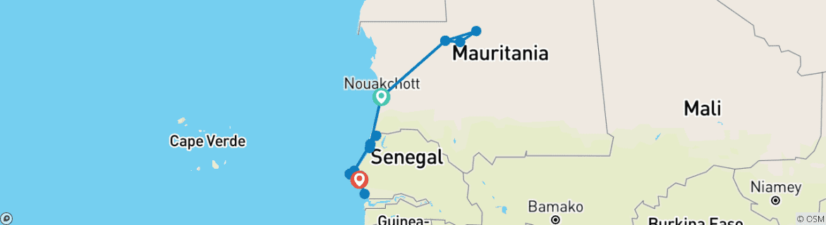 Image of a map showing the route of the tour