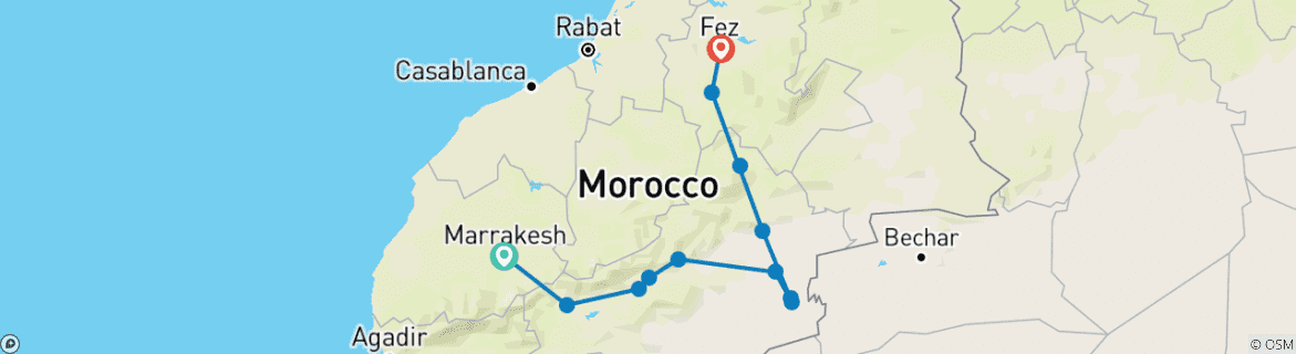 Image of a map showing the route of the tour