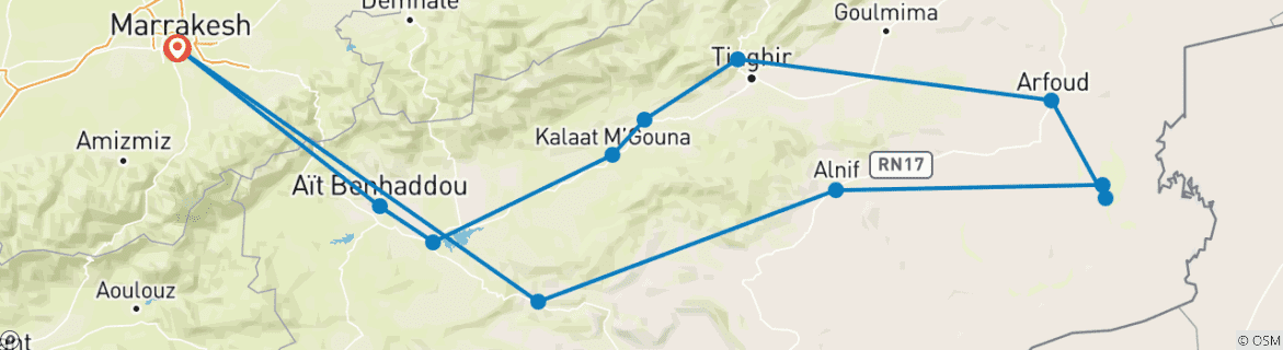 Image of a map showing the route of the tour