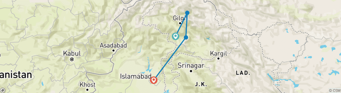Image of a map showing the route of the tour
