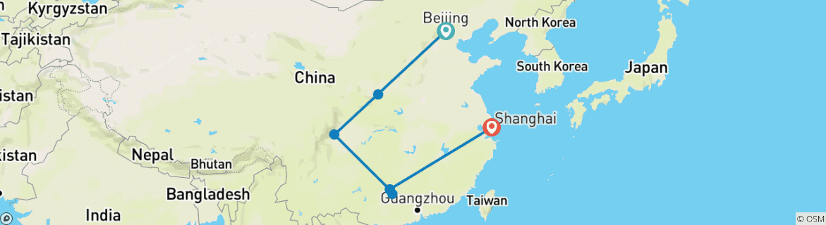 Image of a map showing the route of the tour