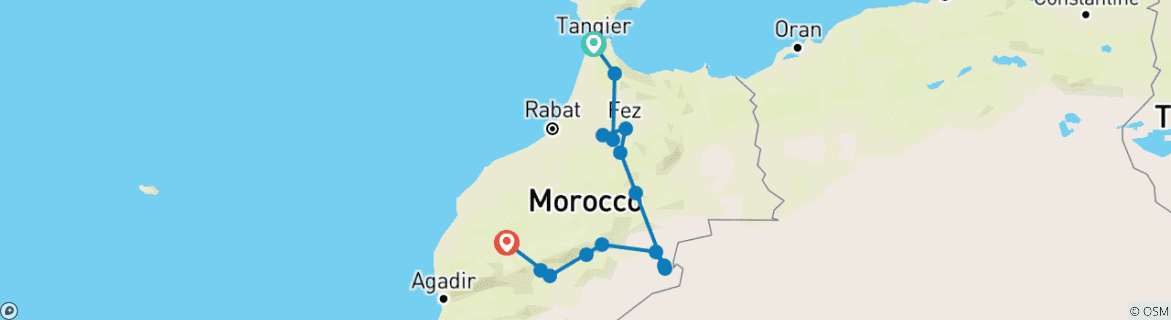Image of a map showing the route of the tour