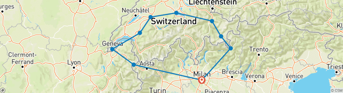 Mapa de Tour de 4 días por Suiza desde Milán